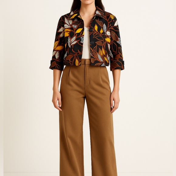 Ruby Rd. Jackets & Blazers - RUBY RD Leaf Print Cropped Jacket | 4P | Yellow Multi | Retro Safari Style